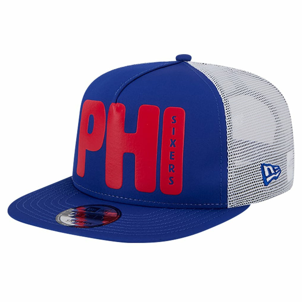 New Era Philadelphia 76ers Puff Print Team Code A-Frame 9FIFTY Trucker Snapback Hat Royal