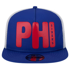 New Era Philadelphia 76ers Puff Print Team Code A-Frame 9FIFTY Trucker Snapback Hat Royal