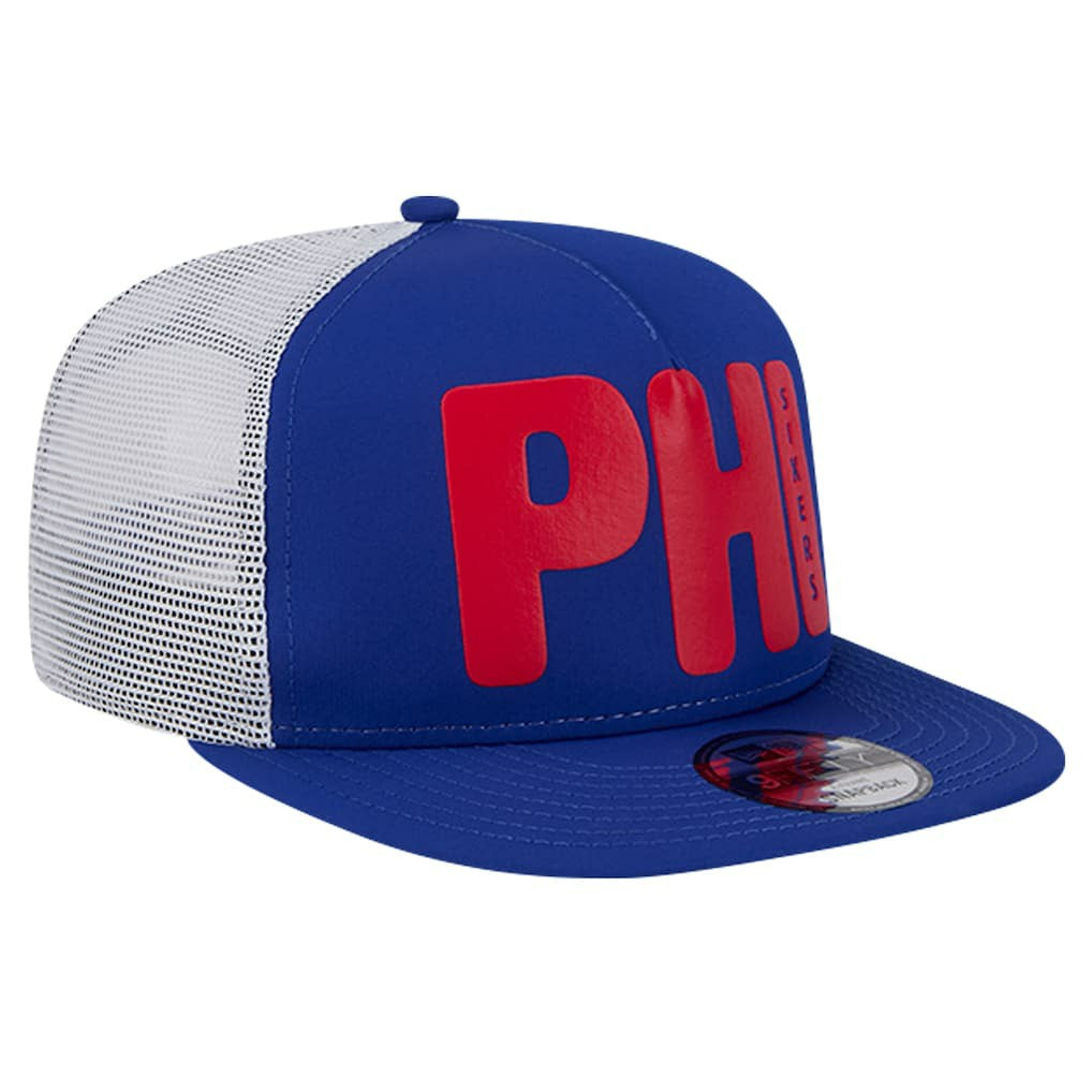 New Era Philadelphia 76ers Puff Print Team Code A-Frame 9FIFTY Trucker Snapback Hat Royal
