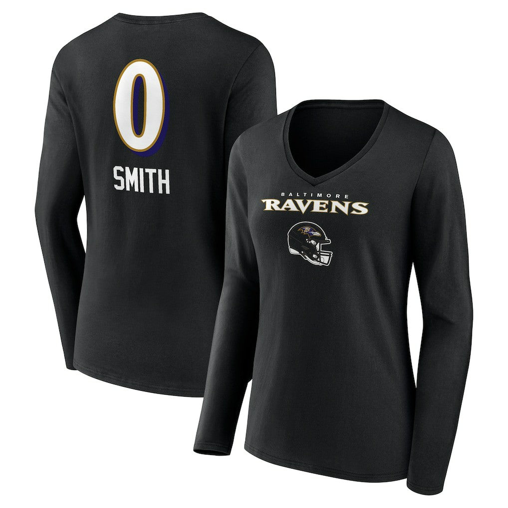 Roquan Smith Baltimore Ravens Women's Team Wordmark Player Name & Number Long Sleeve V-Neck T-Shirt - Black - NFL
