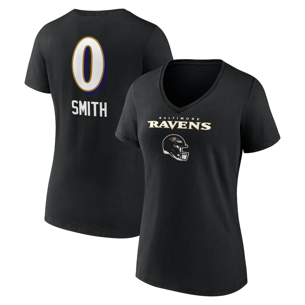 Roquan Smith Baltimore Ravens Women's Team Wordmark Player Name & Number V-Neck T-Shirt - Black - NFL