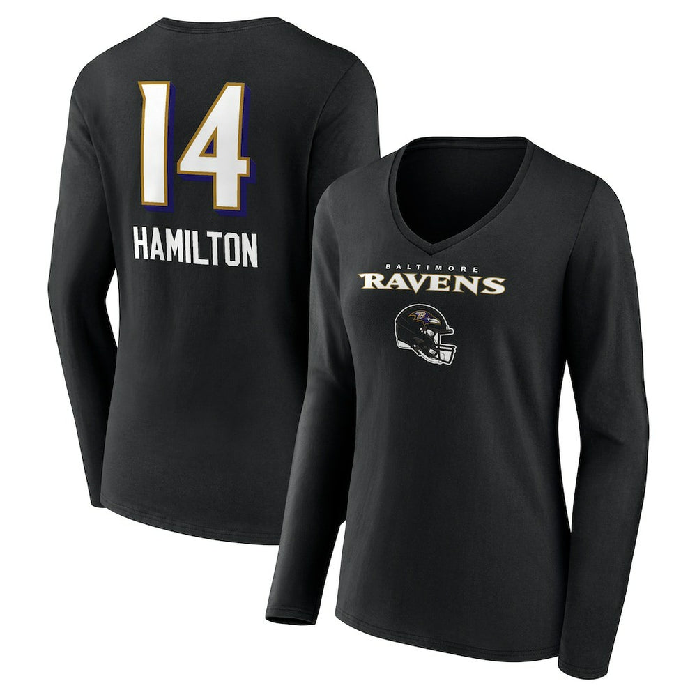 Kyle Hamilton Baltimore Ravens Women's Team Wordmark Player Name & Number Long Sleeve V-Neck T-Shirt - Black - NFL