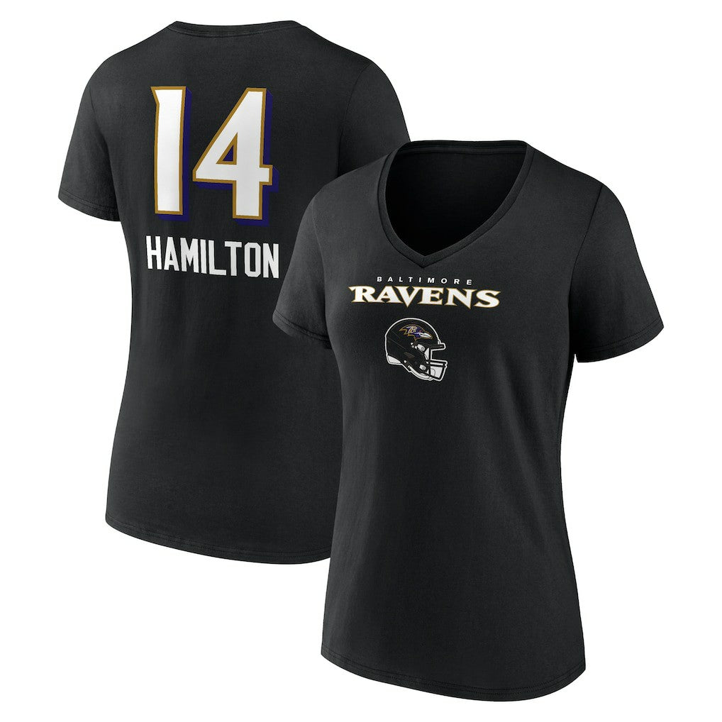 Kyle Hamilton Baltimore Ravens Women's Team Wordmark Player Name & Number V-Neck T-Shirt - Black - NFL