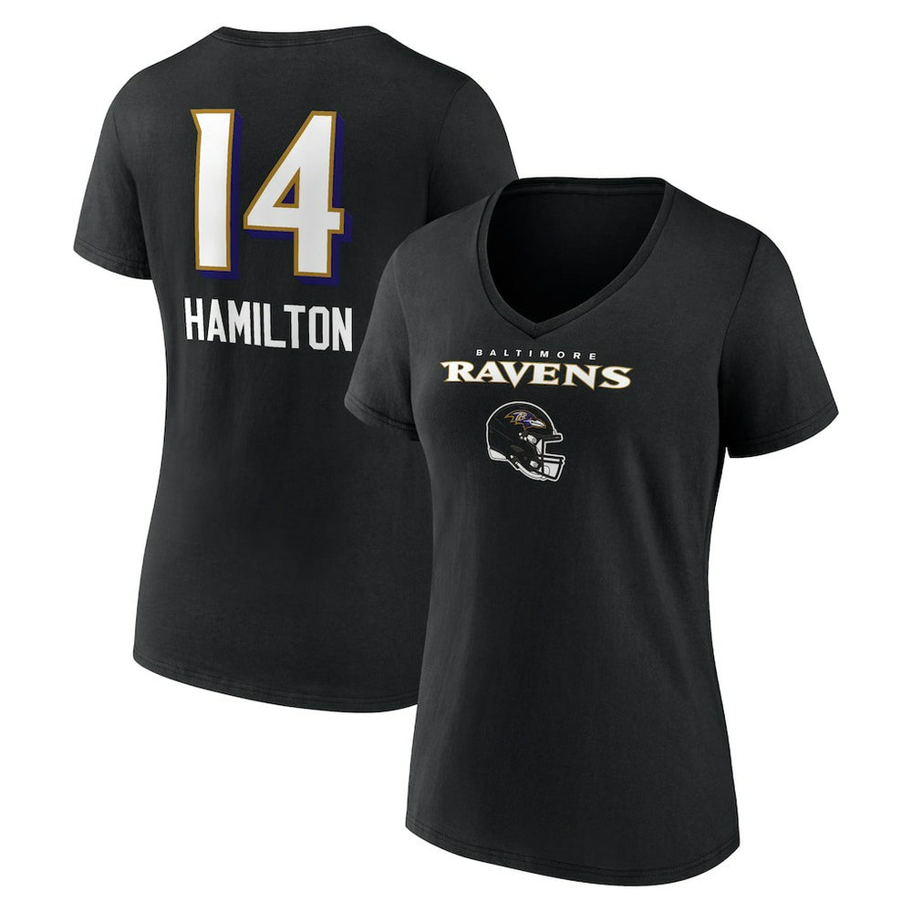 Kyle Hamilton Baltimore Ravens Women's Team Wordmark Player Name & Number V-Neck T-Shirt - Black - NFL