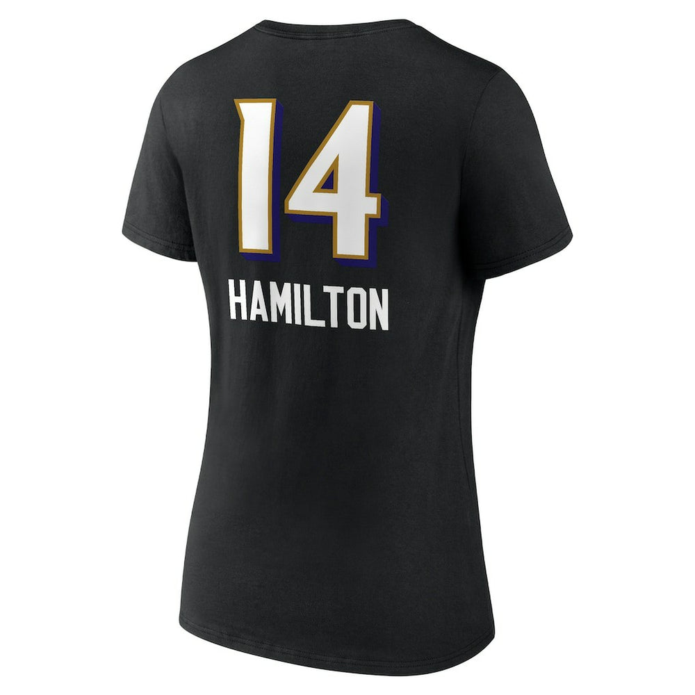 Kyle Hamilton Baltimore Ravens Women's Team Wordmark Player Name & Number V-Neck T-Shirt - Black - NFL