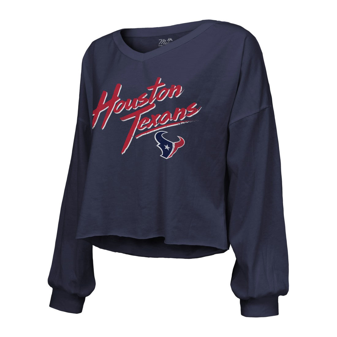 C.J. Stroud Houston Texans Majestic Threads Women's Name & Number Script Off-Shoulder Cropped Long Sleeve T-Shirt - Navy - NFL
