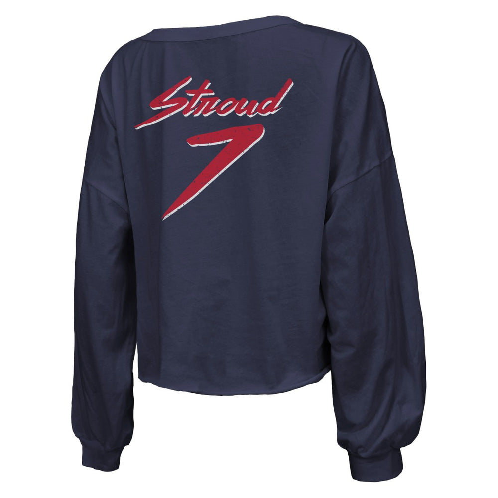 C.J. Stroud Houston Texans Majestic Threads Women's Name & Number Script Off-Shoulder Cropped Long Sleeve T-Shirt - Navy - NFL