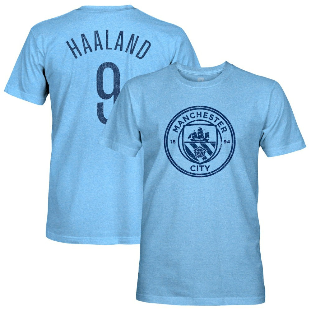 Erling Haaland Manchester City 1863FC Player Name & Number Twisted Tri-Blend Slub T-Shirt Sky Blue