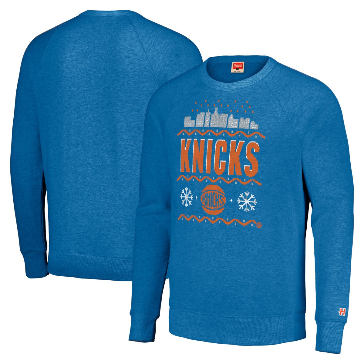 New York Knicks Homage Unisex Holiday Raglan Pullover Sweatshirt Blue