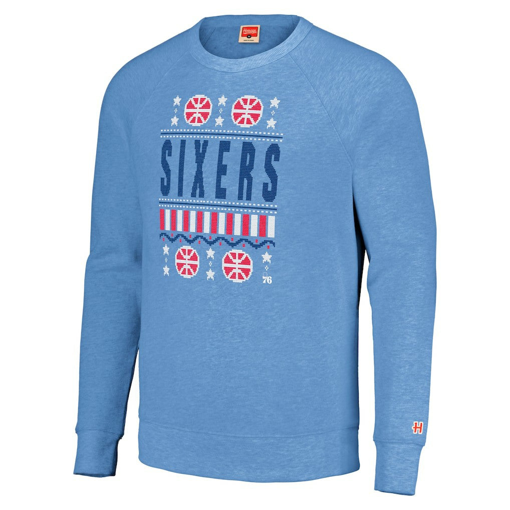 Philadelphia 76ers Homage Unisex Holiday Raglan Pullover Sweatshirt Light Blue