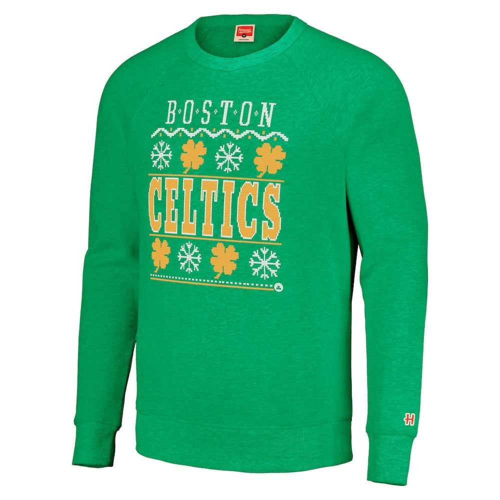 Boston Celtics Homage Unisex Holiday Raglan Pullover Sweatshirt Kelly Green
