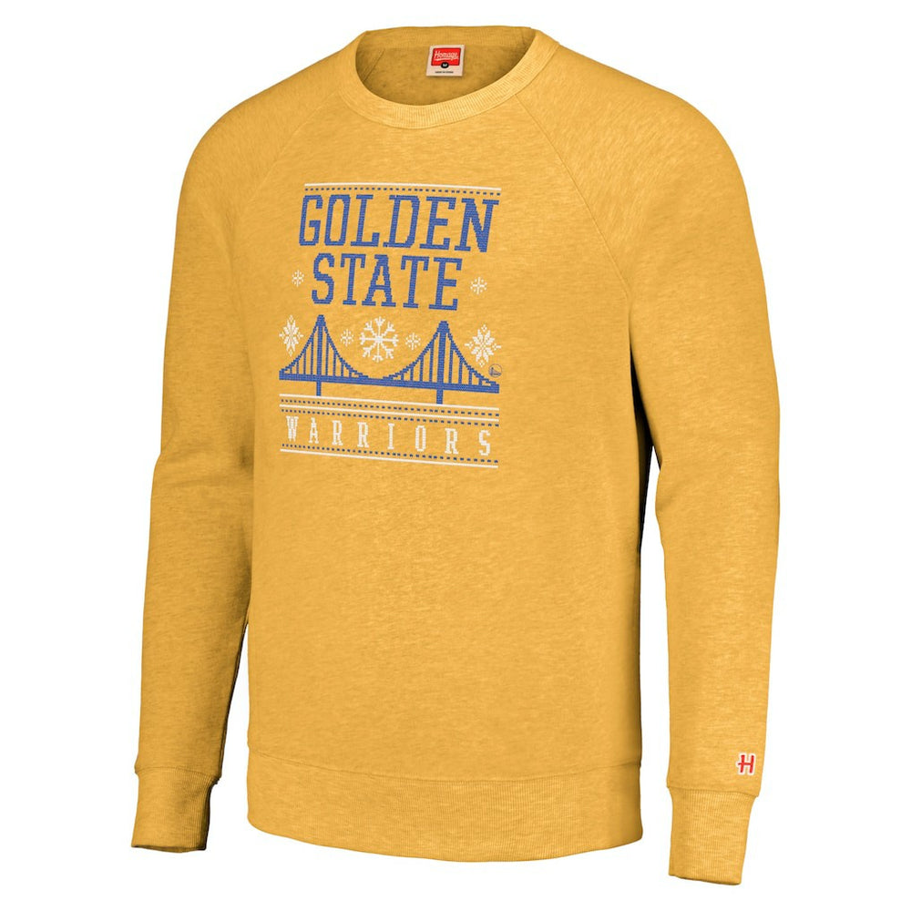 Golden State Warriors Homage Unisex Holiday Tri-Blend Raglan Pullover Sweatshirt Gold