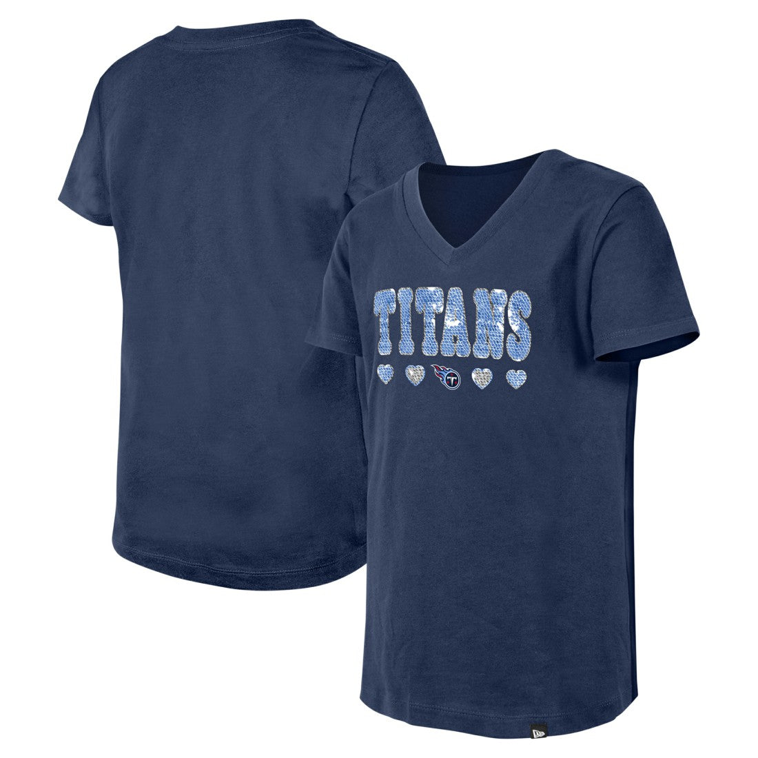 Tennessee Titans New Era Girls Youth Flip Sequin V-Neck T-Shirt - Navy - NFL