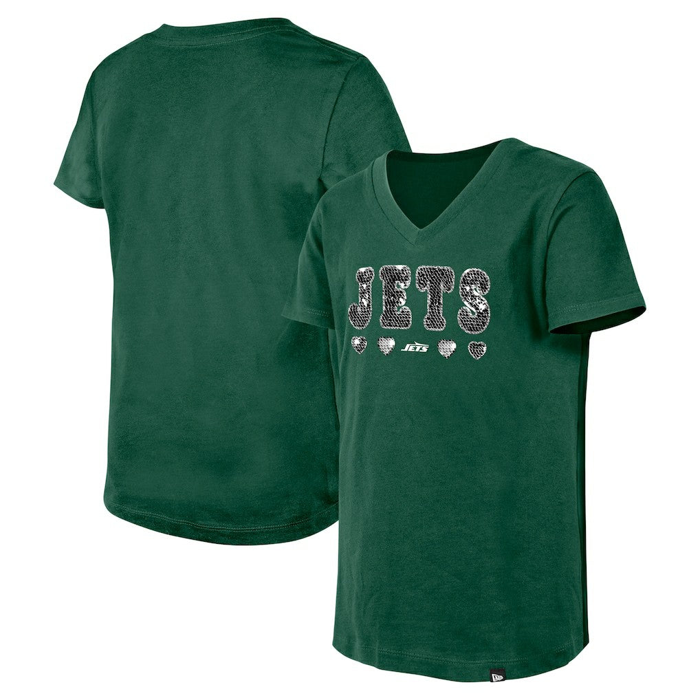 New York Jets New Era Girls Youth Flip Sequin V-Neck T-Shirt - Green - NFL