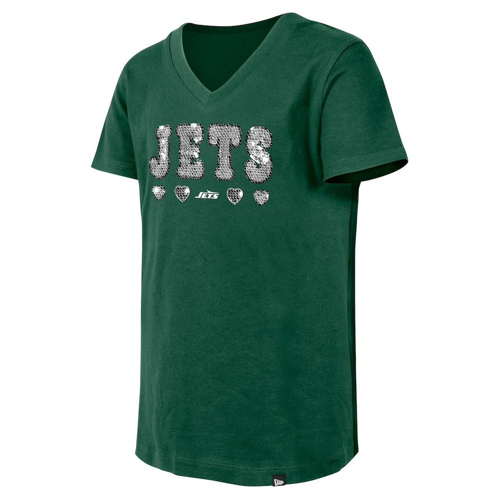 New York Jets New Era Girls Youth Flip Sequin V-Neck T-Shirt - Green - NFL