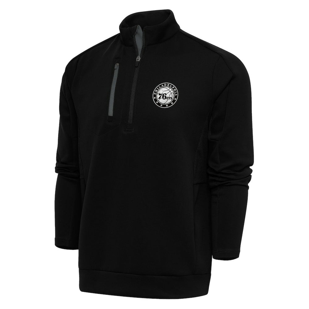 Philadelphia 76ers Antigua Metallic Logo Generation Quarter-Zip Pullover Top Black