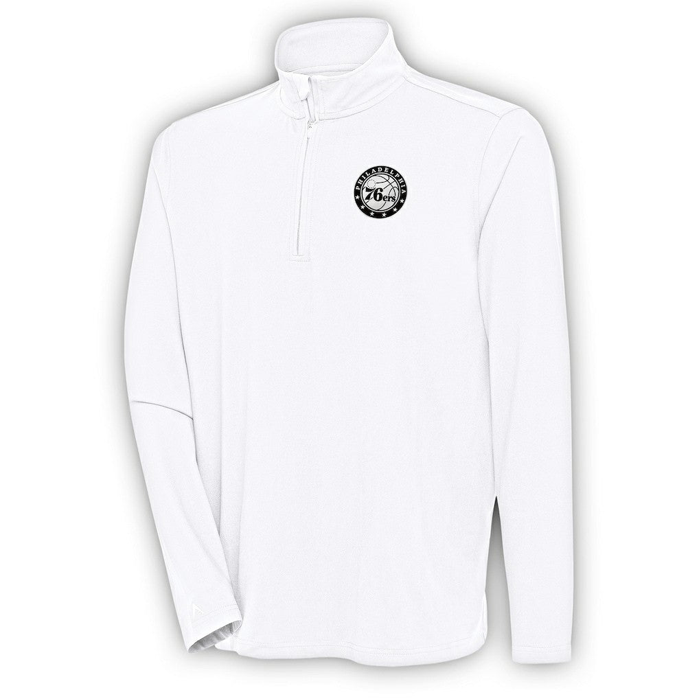 Philadelphia 76ers Antigua Metallic Logo Hunk Quarter-Zip Pullover White