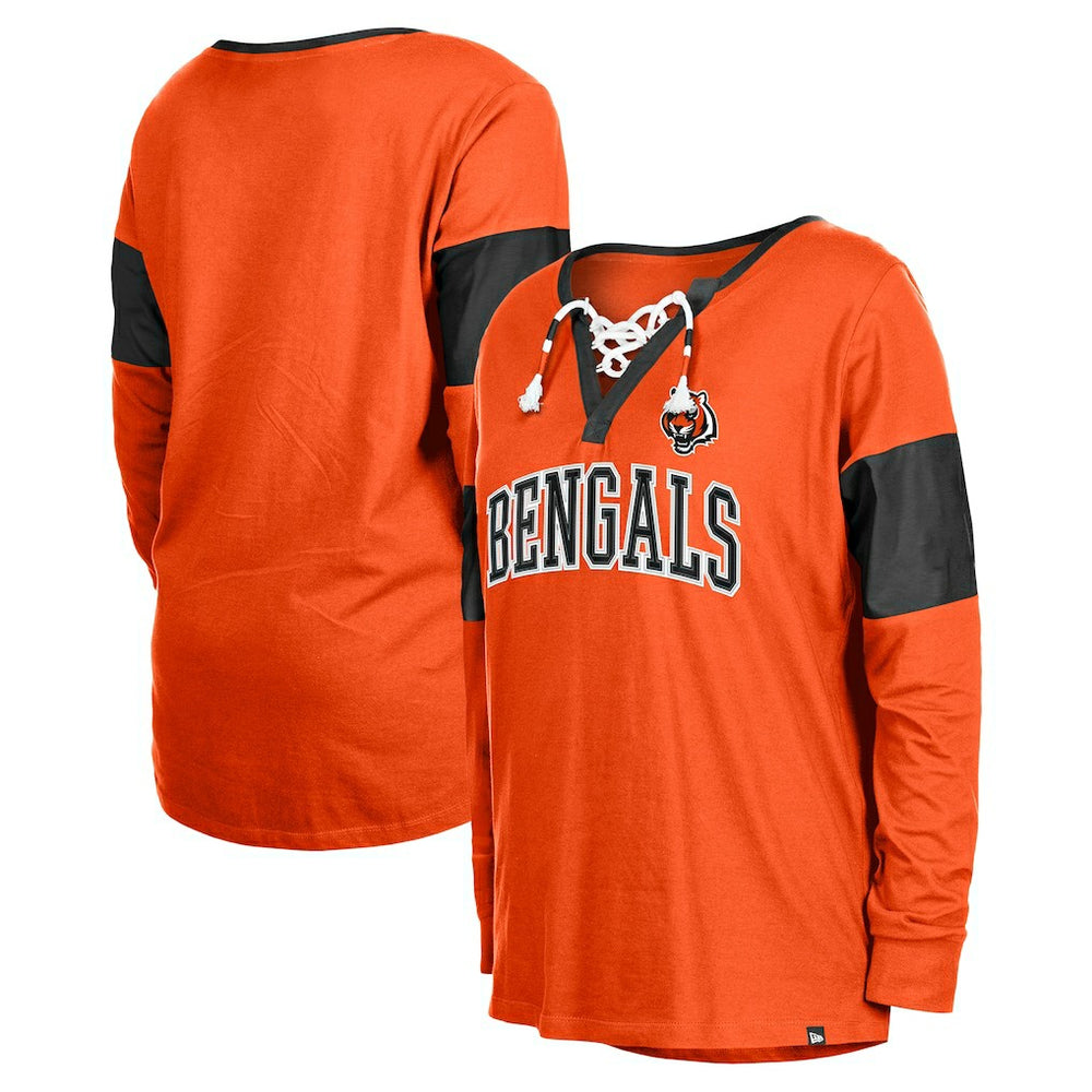 Cincinnati Bengals New Era Women's Lace-Up Notch-Neck Long Sleeve T-Shirt - Orange - NFL