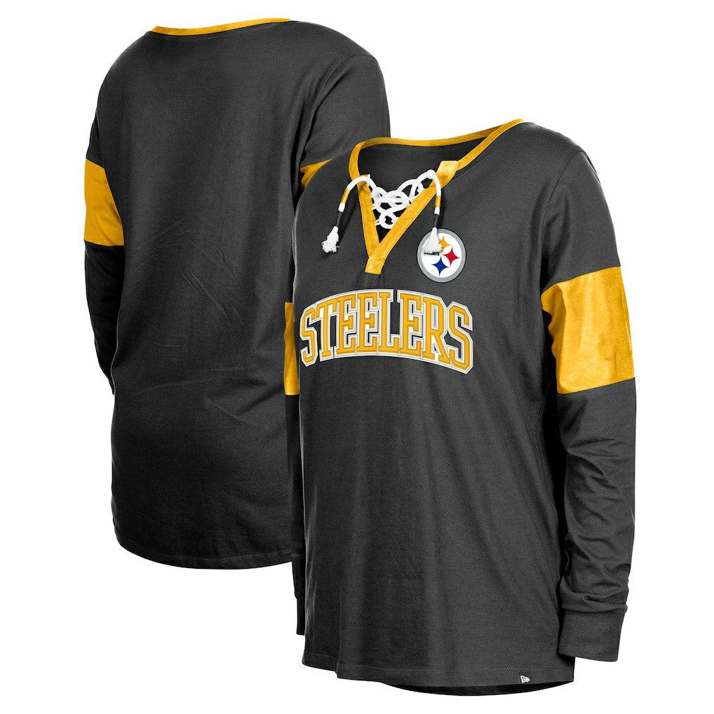Pittsburgh Steelers New Era Women's Lace-Up Notch-Neck Long Sleeve T-Shirt - Black - NFL