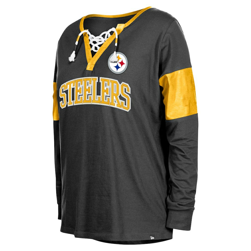 Pittsburgh Steelers New Era Women's Lace-Up Notch-Neck Long Sleeve T-Shirt - Black - NFL