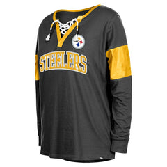 Pittsburgh Steelers New Era Women's Lace-Up Notch-Neck Long Sleeve T-Shirt - Black - NFL