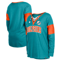 Miami Dolphins New Era Women's Lace-Up Notch-Neck Long Sleeve T-Shirt - Aqua - NFL