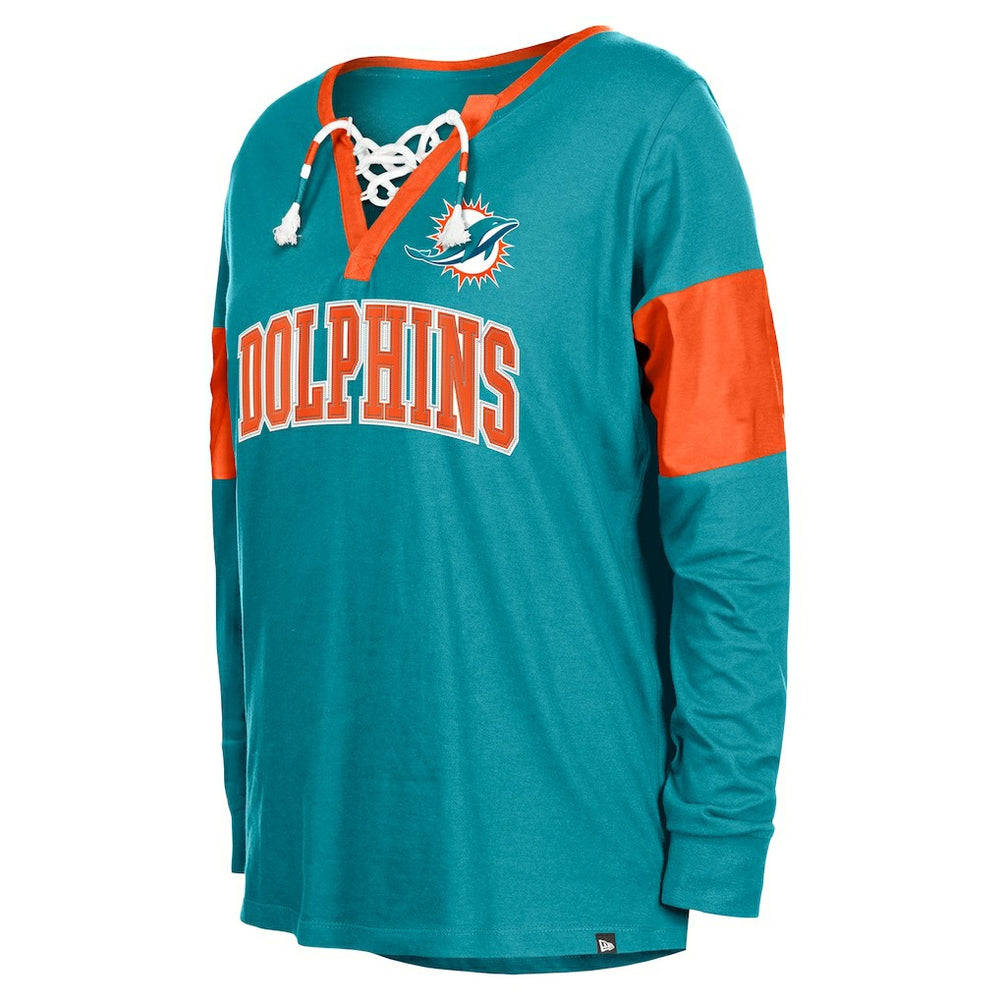 Miami Dolphins New Era Women's Lace-Up Notch-Neck Long Sleeve T-Shirt - Aqua - NFL