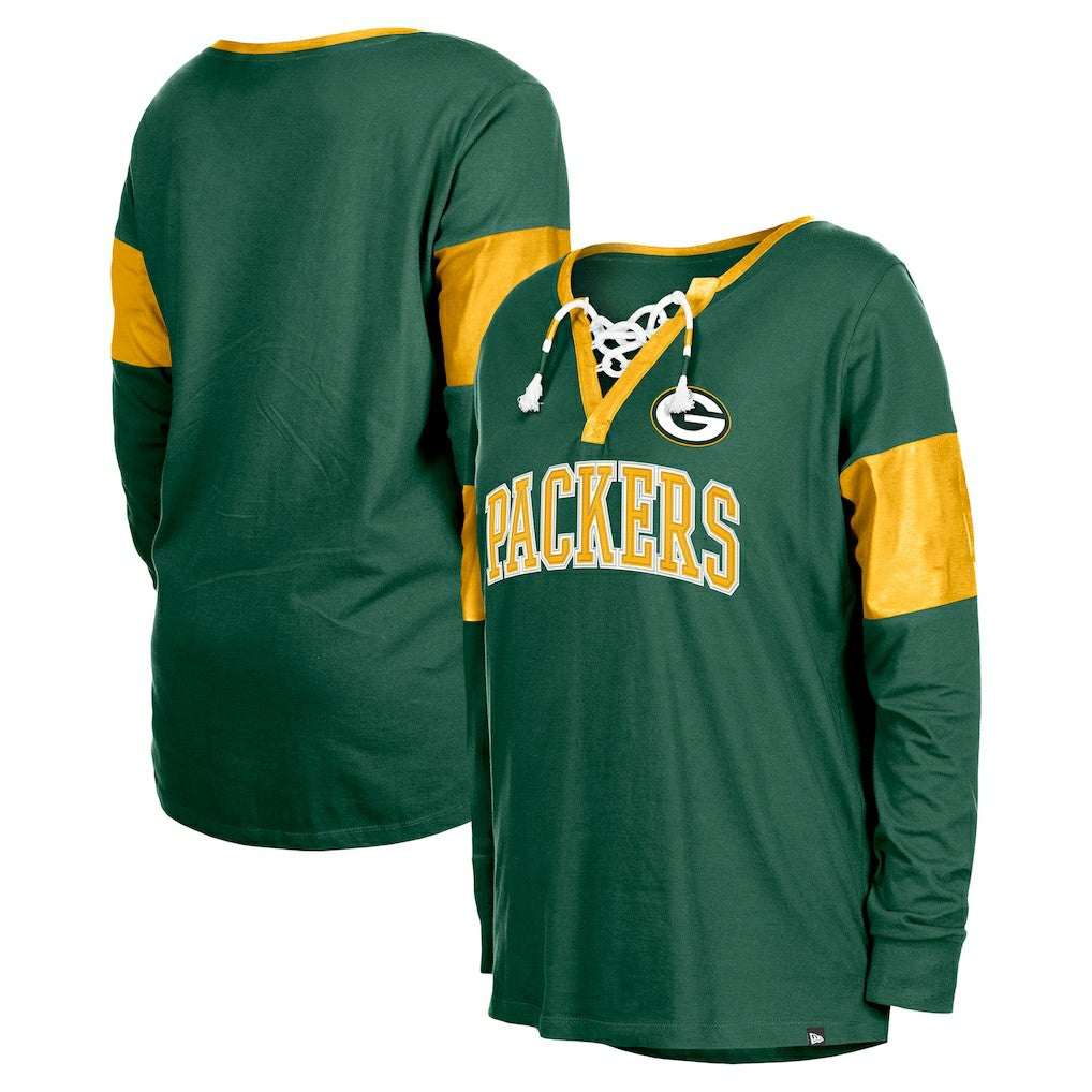 Green Bay Packers New Era Women's Lace-Up Notch-Neck Long Sleeve T-Shirt - Green - NFL