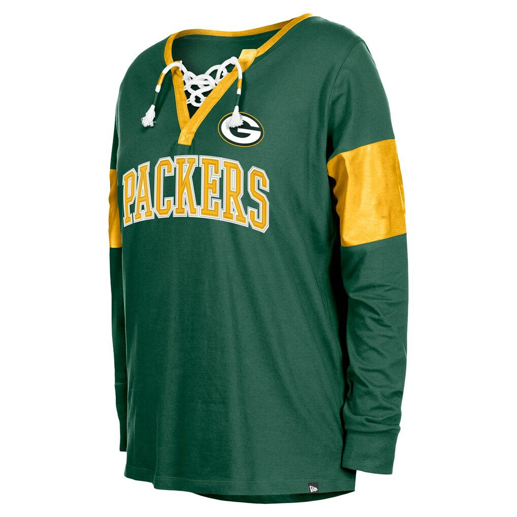 Green Bay Packers New Era Women's Lace-Up Notch-Neck Long Sleeve T-Shirt - Green - NFL