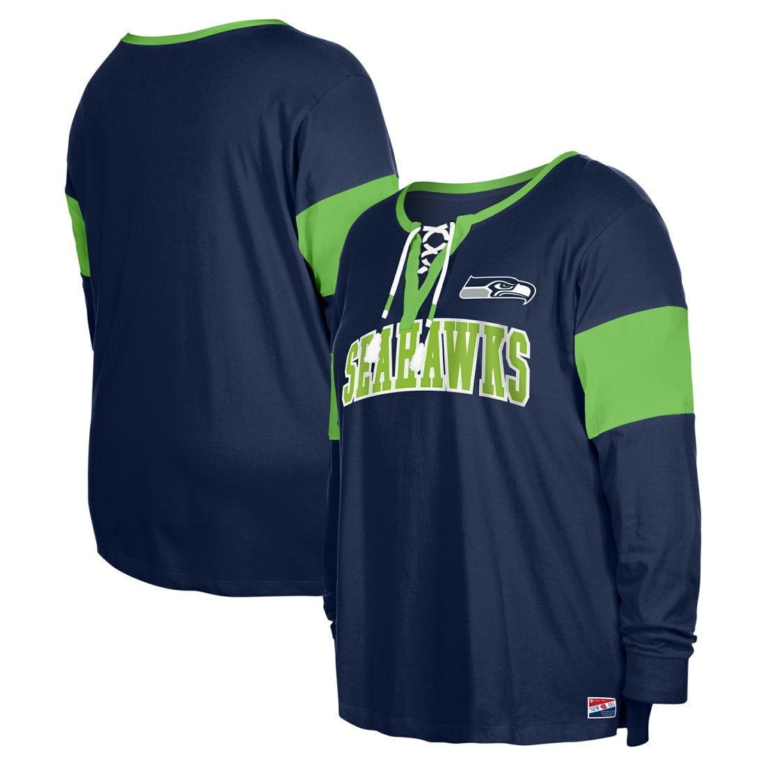 Seattle Seahawks New Era Women's Plus Size Lace-Up Notch Neck Long Sleeve T-Shirt  - College Navy - NFL