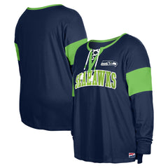 Seattle Seahawks New Era Women's Plus Size Lace-Up Notch Neck Long Sleeve T-Shirt  - College Navy - NFL