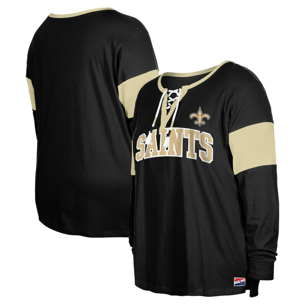 New Orleans Saints New Era Women's Plus Size Lace-Up Notch Neck Long Sleeve T-Shirt  - Black - NFL