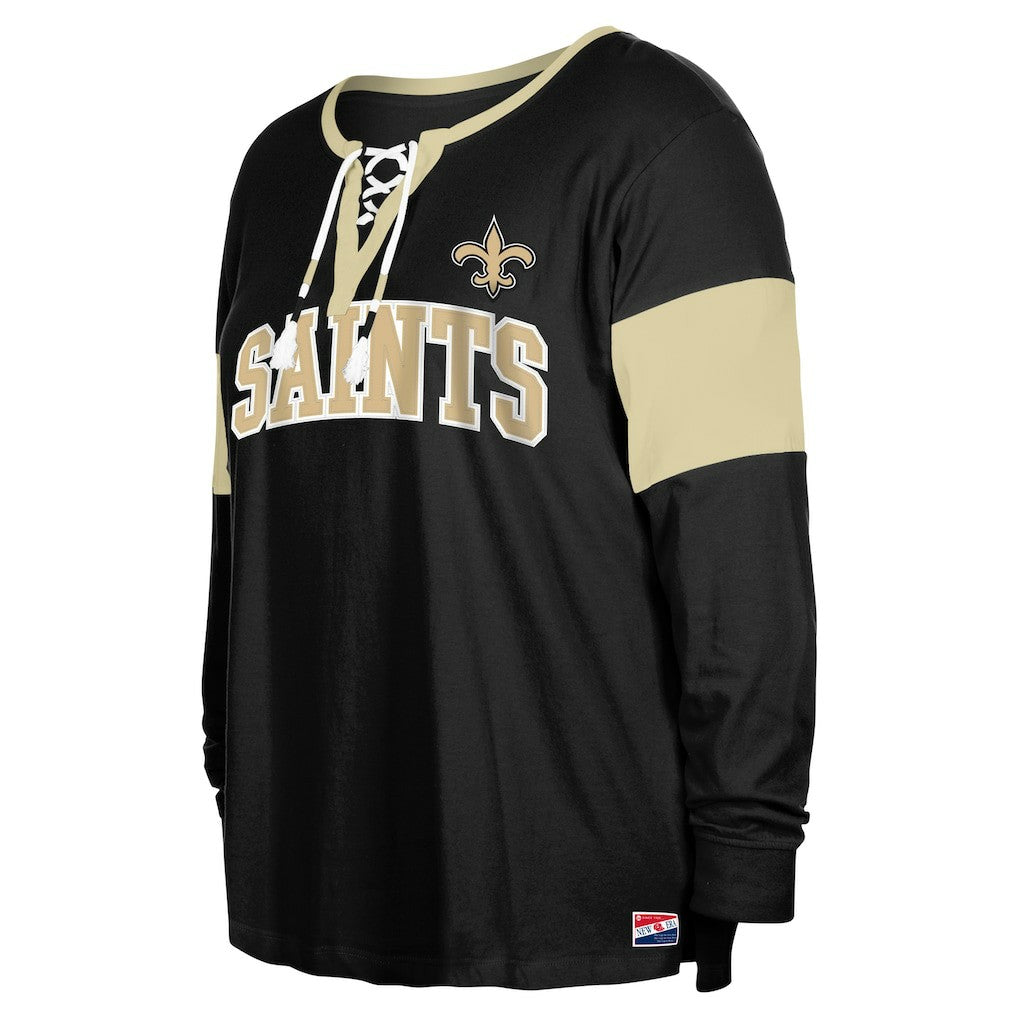 New Orleans Saints New Era Women's Plus Size Lace-Up Notch Neck Long Sleeve T-Shirt  - Black - NFL