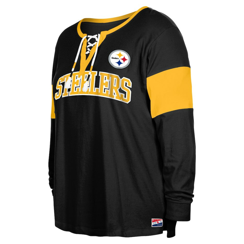 Pittsburgh Steelers New Era Women's Plus Size Lace-Up Notch Neck Long Sleeve T-Shirt  - Black - NFL