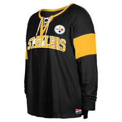 Pittsburgh Steelers New Era Women's Plus Size Lace-Up Notch Neck Long Sleeve T-Shirt  - Black - NFL