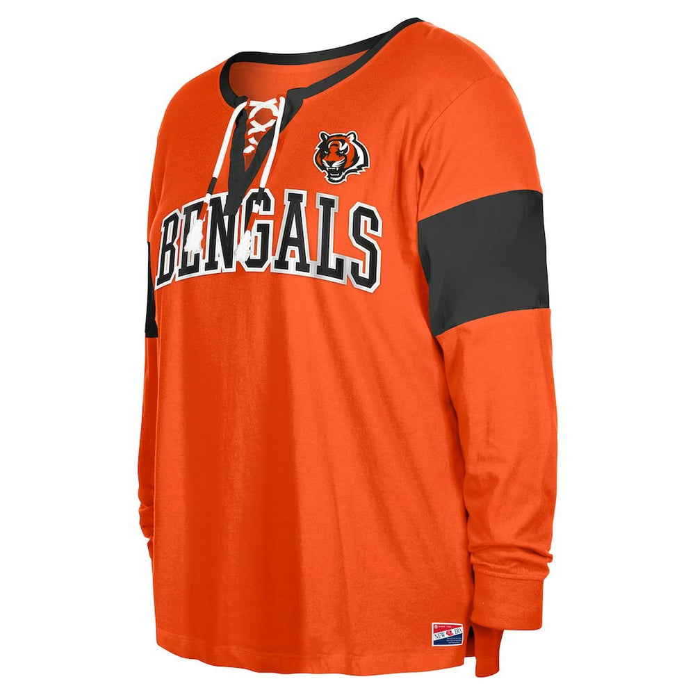 Cincinnati Bengals New Era Women's Plus Size Lace-Up Notch Neck Long Sleeve T-Shirt  - Orange - NFL