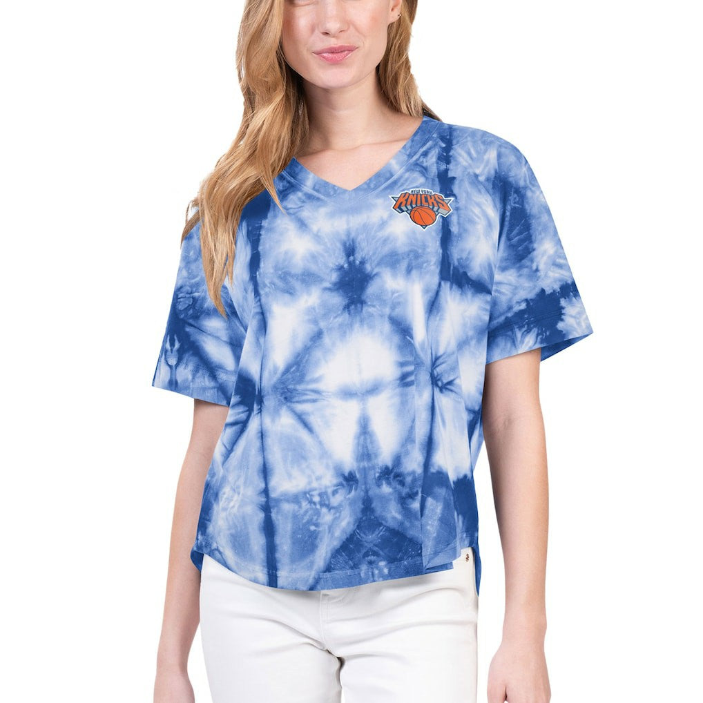 New York Knicks G-III 4Her by Carl Banks Women's Tournament Raglan Oversized Tie-Dye V-Neck T-Shirt Blue