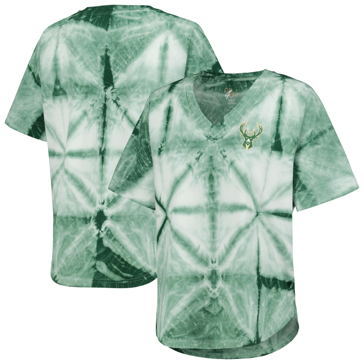 Milwaukee Bucks G-III 4Her by Carl Banks Women's Tournament Raglan Oversized Tie-Dye V-Neck T-Shirt Hunter Green