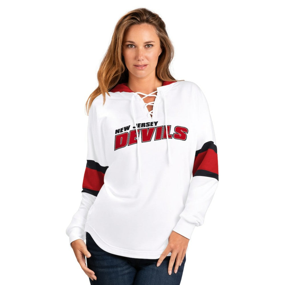 New Jersey Devils G-III 4Her by Carl Banks Women's Goal Zone Long Sleeve Lace-Up Hoodie T-Shirt - White/Red | NHL on sale
