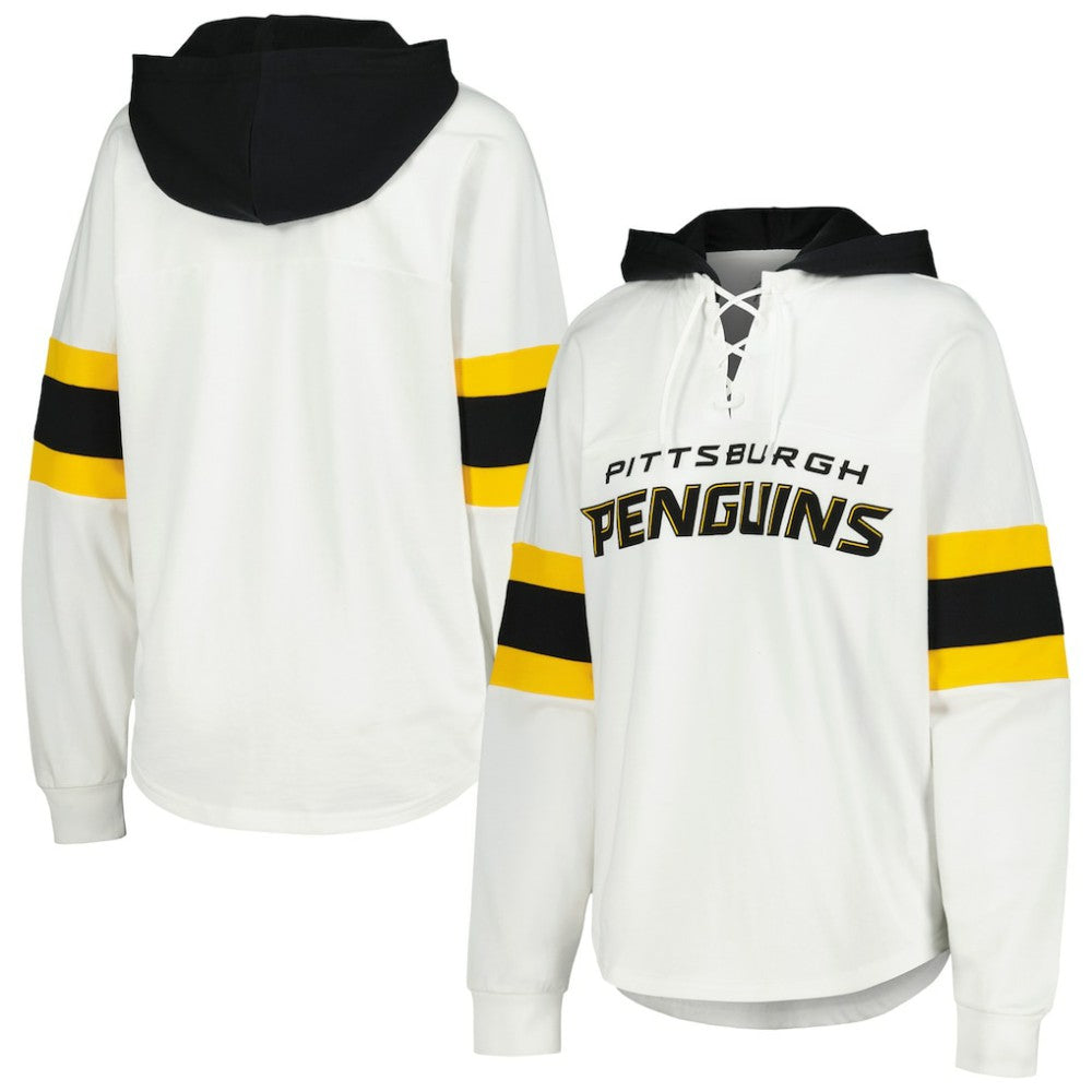 Pittsburgh Penguins G-III 4Her by Carl Banks Women's Goal Zone Long Sleeve Lace-Up Hoodie T-Shirt - White/Black | NHL discount