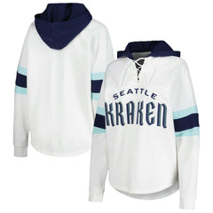 Seattle Kraken G-III 4Her by Carl Banks Women's Goal Zone Long Sleeve Lace-Up Hoodie T-Shirt - White/Deep Sea Blue | NHL sale