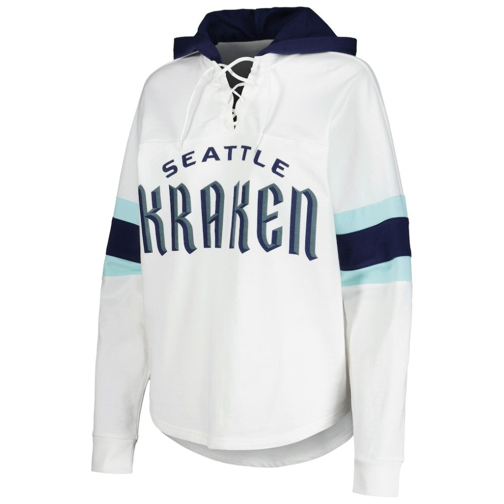 Seattle Kraken G-III 4Her by Carl Banks Women's Goal Zone Long Sleeve Lace-Up Hoodie T-Shirt - White/Deep Sea Blue | NHL sale