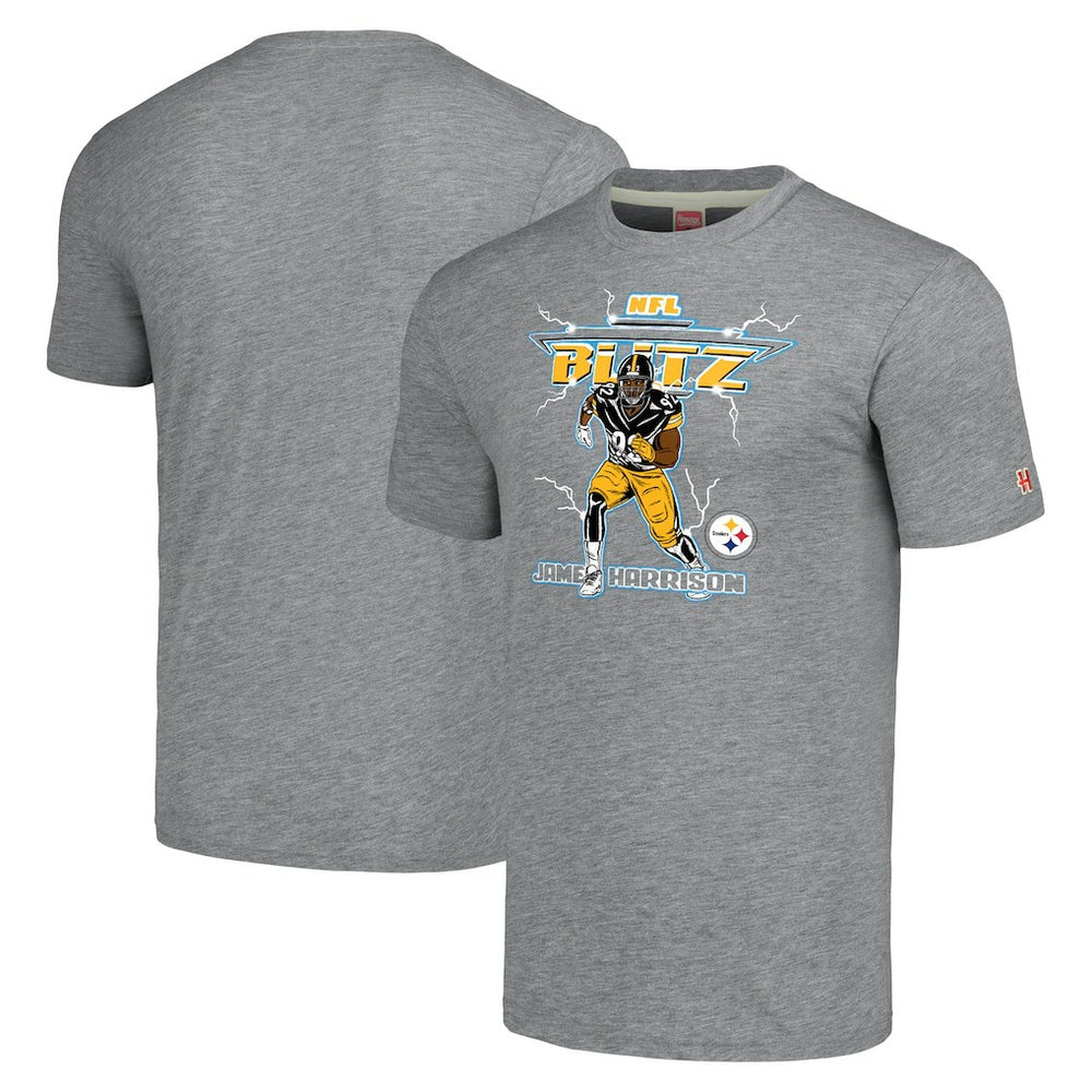 James Harrison Pittsburgh Steelers Homage Unisex NFL Blitz Retired Player Tri-Blend T-Shirt - Heathered Heather Gray - NFL