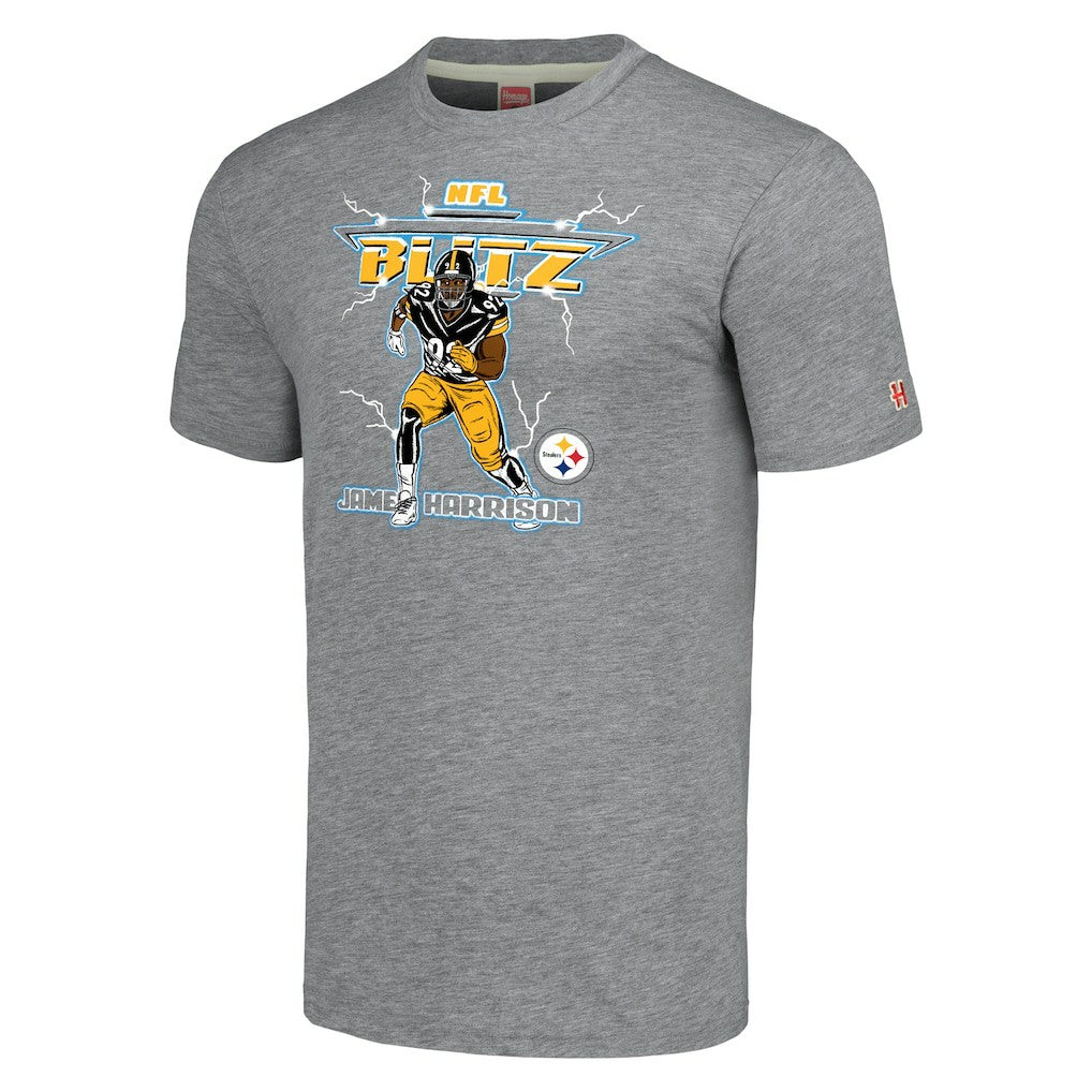 James Harrison Pittsburgh Steelers Homage Unisex NFL Blitz Retired Player Tri-Blend T-Shirt - Heathered Heather Gray - NFL