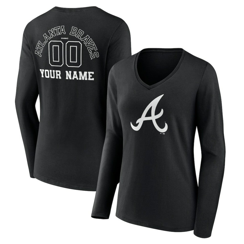 Atlanta Braves Women's Monochrome Personalized Name & Number Long Sleeve V-Neck T-Shirt Online