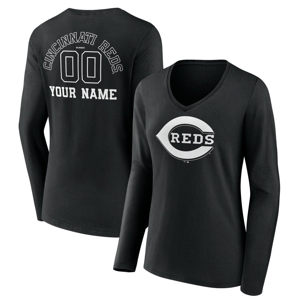 Cincinnati Reds Women's Monochrome Personalized Name & Number Long Sleeve V-Neck T-Shirt Near Me