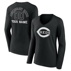Cincinnati Reds Women's Monochrome Personalized Name & Number Long Sleeve V-Neck T-Shirt Near Me