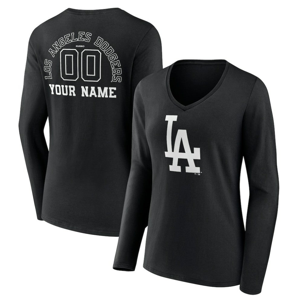 Los Angeles Dodgers Women's Monochrome Personalized Name & Number Long Sleeve V-Neck T-Shirt Near Me
