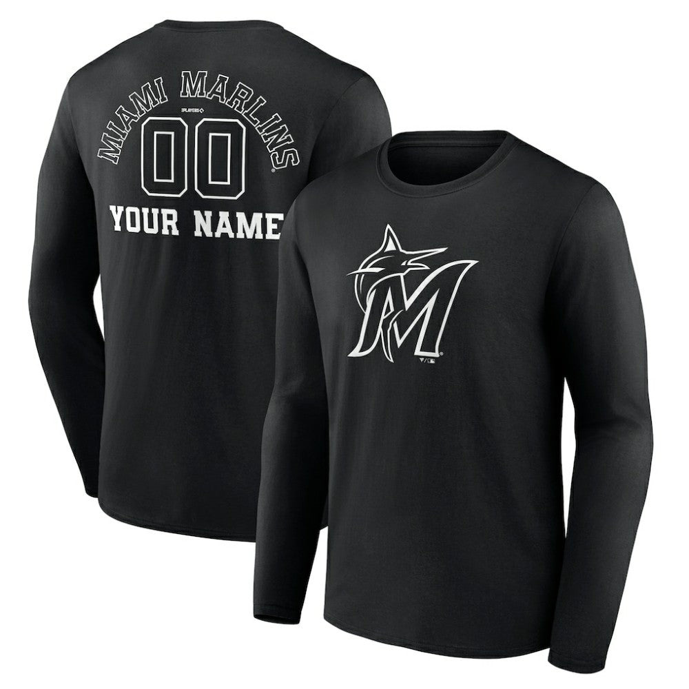 Miami Marlins Monochrome Personalized Name & Number Long Sleeve T-Shirt Discount