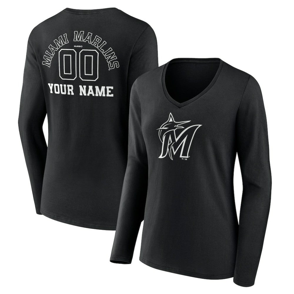 Miami Marlins Women's Monochrome Personalized Name & Number Long Sleeve V-Neck T-Shirt Near Me